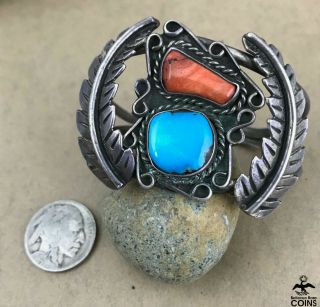Vintage Silver Blue Turquoise Red Coral Cuff Bracelet Unsigned (30.  7g)