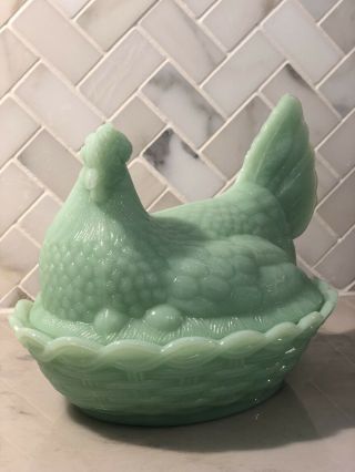 Vintage Hen/chicken On A Nest Covered Dish | Green/jadeite Glass