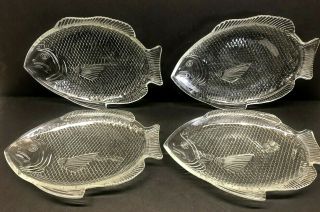 Vintage Set Of 4 Clear Pressed Glass Fish Shaped Dinner Plates 11 " X 8 "