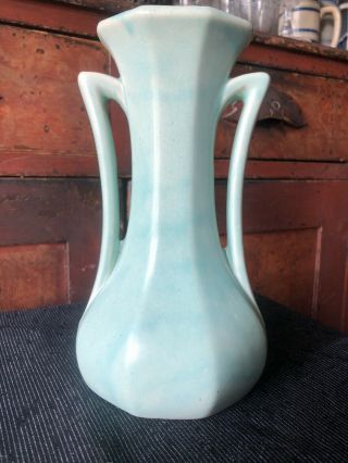Vintage Mccoy Pottery Turquoise Matte Handled Vase 9 1/4” Exc
