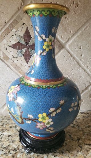 Vintage Jingfa Cloisonne Vase Cherry Blossoms Blue Base 11.  5” W/wooden Bse Great