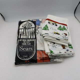 Vtg Peanuts Charlie Brown Twin Flat Sheet 1971 Sears & 2 Pillow Cases