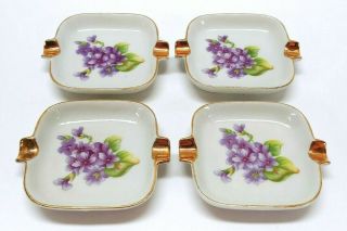 Vtg Pico Japan Porcelain Individual Ashtrays Set Of Four (4) Purple Floral Gold
