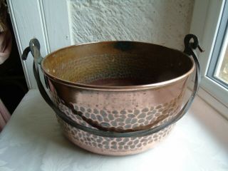 French Vintage Copper Mixing Bowl Wall Hammered Iron Handle Dim 10