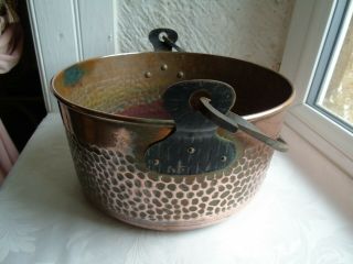 French vintage copper mixing bowl wall hammered iron handle dim 10 2