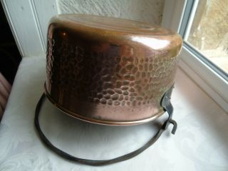 French vintage copper mixing bowl wall hammered iron handle dim 10 3