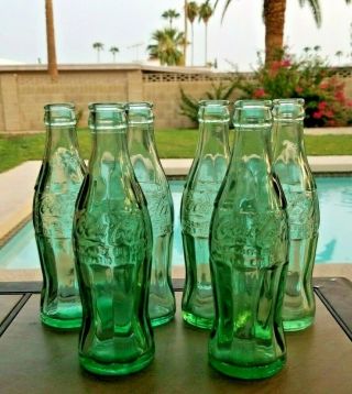 6 Vintage Embossed Logo Coca Cola 6 Oz Green Glass Bottles Various Cities,  Vg,  C