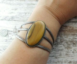 Vintage Old Pawn Navajo Sterling Silver Petrified Wood Agate Cuff Bracelet