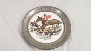 Vintage Revere Pewter & Ceramic Fox Hunt Scene Collectors Plate Trivet