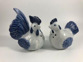 Vintage Blue And White Rooster/ Chicken Salt And Pepper Shakers