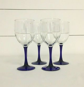 Vintage Set Of (4) Cobalt Blue Stem Wine Glasses Goblets