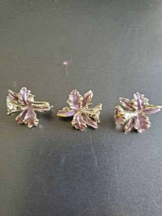 Vintage Purple Enamel Orchid Brooch Pin Set Of 3