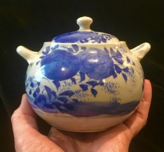 Vintage Antique Japanese Chinese Blue & White Porcelain Sugar Bowl With Lid