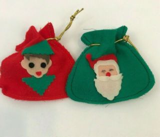 Vintage Christmas Ornament Felt Santa Sack Bag Miniature Elf Gold Cord Handmade