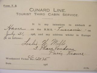 1926 Cunard Line,  Rms Tuscania,  Tourist Third Cabin Service Pc,  To France