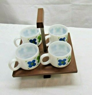 Vintage Mcm Set Of 4 Coffee Cups With Retro Carrier - Blue And Green Flowers