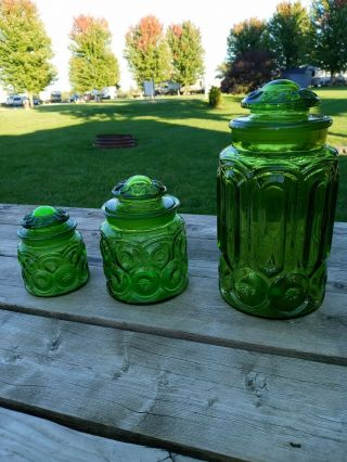 Set Of 3 - Vintage L.  E.  Smith Green Moon & Stars - Canister Set W/lids