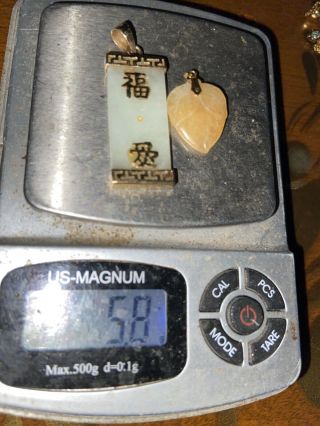 Vintage 14k Yellow Gold Jade Chinese Symbols Pendant And Heart Scrap 5.  8 Grams