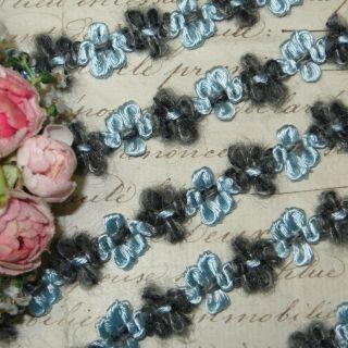 1y French Mohair Rococo Trim Gray Blue Rosette Vtg Antq Ribbon Doll Jacquard