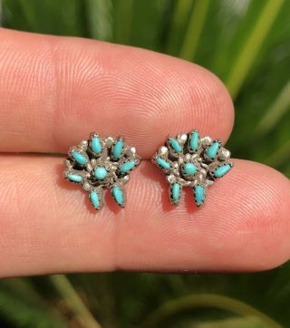 Vtg Zuni Native American Petit Point Turquoise Sterling Silver Sunface Earrings