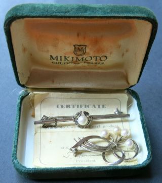 Mikimoto Vintage Sterling Silver Pearl Brooches With Box