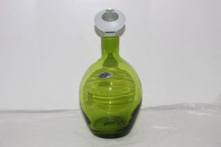 Vintage Blenko Green Art Glass Decanter W/label - Clear Stopper
