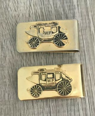 Set Of 2 Wells Fargo Stage Coach Vintage Tie Bar Clip Pony Express & Money Clip
