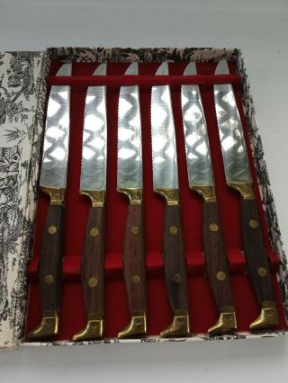 Vintage Steak Knife Set France / Gimbel Bros.  Sharp Wood / Brass / Stainless