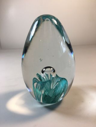 Vintage Art Glass Egg Shaped Paperweight W/ Clear & Green Flower 3 1/2” Tall