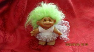 Vintage 1986 Dam Norfin Troll Doll 5 " Wedding Dress White Green Hair