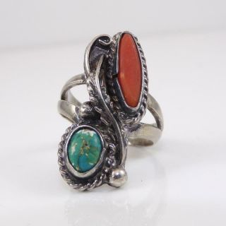 Vtg Native American Sterling Silver Coral Turquoise Ring Size 6.  5 Lfl4