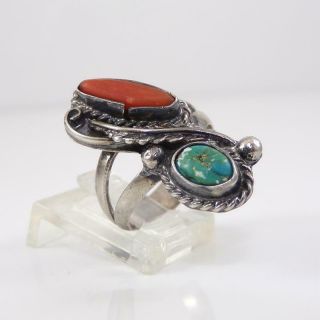 Vtg Native American Sterling Silver Coral Turquoise Ring Size 6.  5 LFL4 2