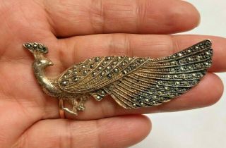Large Vintage Peacock Brooch Faux Rhinestone Silver Gold Tone Unsigned