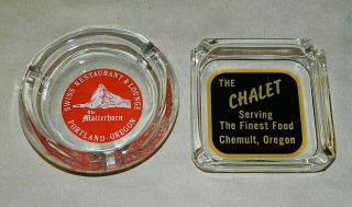 2 Vintage Oregon Restaurants Clear Glass Ashtrays - The Matterhorn & The Chalet