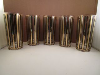 Vintage Black & Gold Stripe Glass Set Of 5 Drinking Tumblers Glasses Mid Century