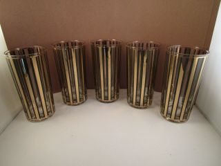 Vintage Black & Gold Stripe Glass Set of 5 Drinking Tumblers Glasses Mid Century 2