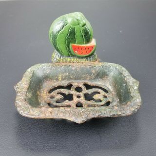Vintage Cast Iron Soap Dish With Colorful Watermelon Backing.