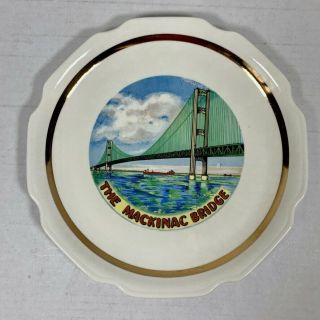 Vintage Mackinac Bridge Souvenir Plate - Scalloped Edge W/ Gold Trim