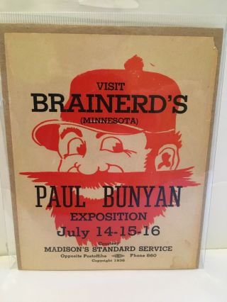 Vintage Paul Bunyan Exposition Decal 1936 Brainerd Minnesota