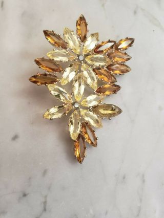 Vintage Yellow Floral And Leaf Rinestone Brooch Pin Jewelry