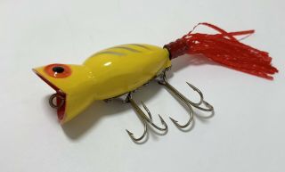 Vintage Hula Popper Type Fishing Lure Yellow Plastic Red Tail Japan