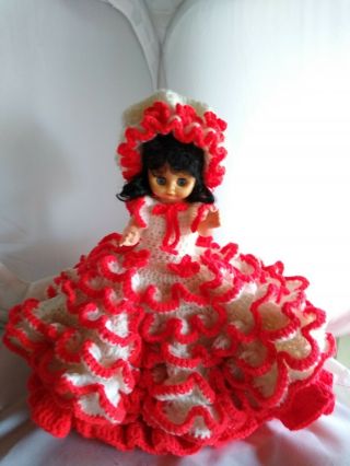 Vintage 1989 Red & White Hand Crocheted Dress With 12 " Doll,  21 " Skirt Diameter