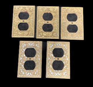 5 Vintage Metal Outlet Cover Wall Plate Brass Gold Frame Ornate Scroll Flower