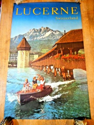 C 1960s Lucerne Switzerland Travel Poster Chris Craft Boat Covered Brg