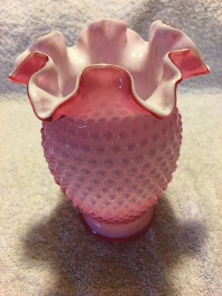 Vintage Fenton Wild Rose Overlay Hobnail Vase 6 "