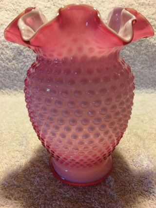 Vintage Fenton Wild Rose Overlay Hobnail Vase 6 