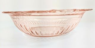 Vintage 10 " Flowered Pink Depression Glass Bowl Dish Double Handled Ribbed