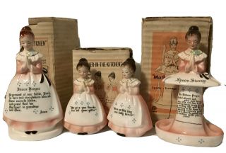Vintage 4 Pc Pink Mother In Kitchen Prayer Salt & Pepper,  Spoon & Napkin & Boxes