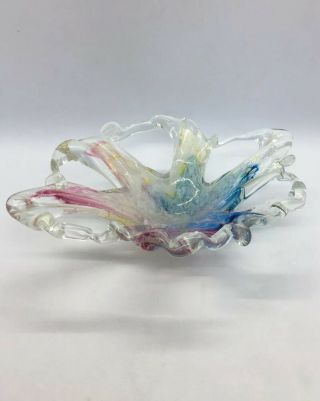 Vintage Murano Blue Pink Yellow Clear Art Glass Hand Blown Candy Dish