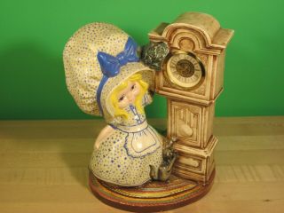 Vintage 1974 Byron Molds Ceramic Bonnet Girl With Cat Grandfather Clock - Blue